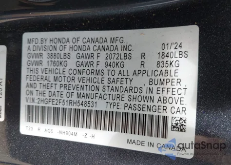 2024 Honda Civic Sport из США, поврежденный, VIN 2HGFE2F51RH548531